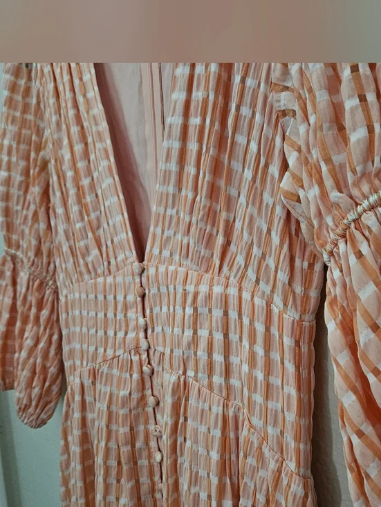 Pearl + Sea Orange Gingham Maxi Dress | Boho V-Neck Button Front Tiered Peach US - Picture 5 of 10